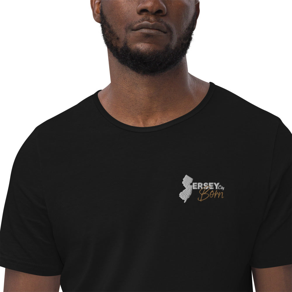 Jersey City Born Embroidered White Gold Men's Curved Hem T-Shirt