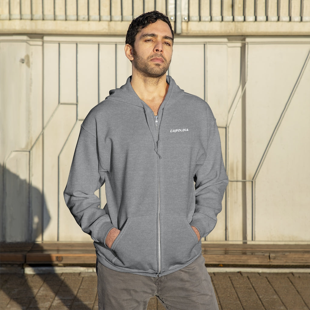 Carolina - White Embroidery Unisex Zip Up Hoodie