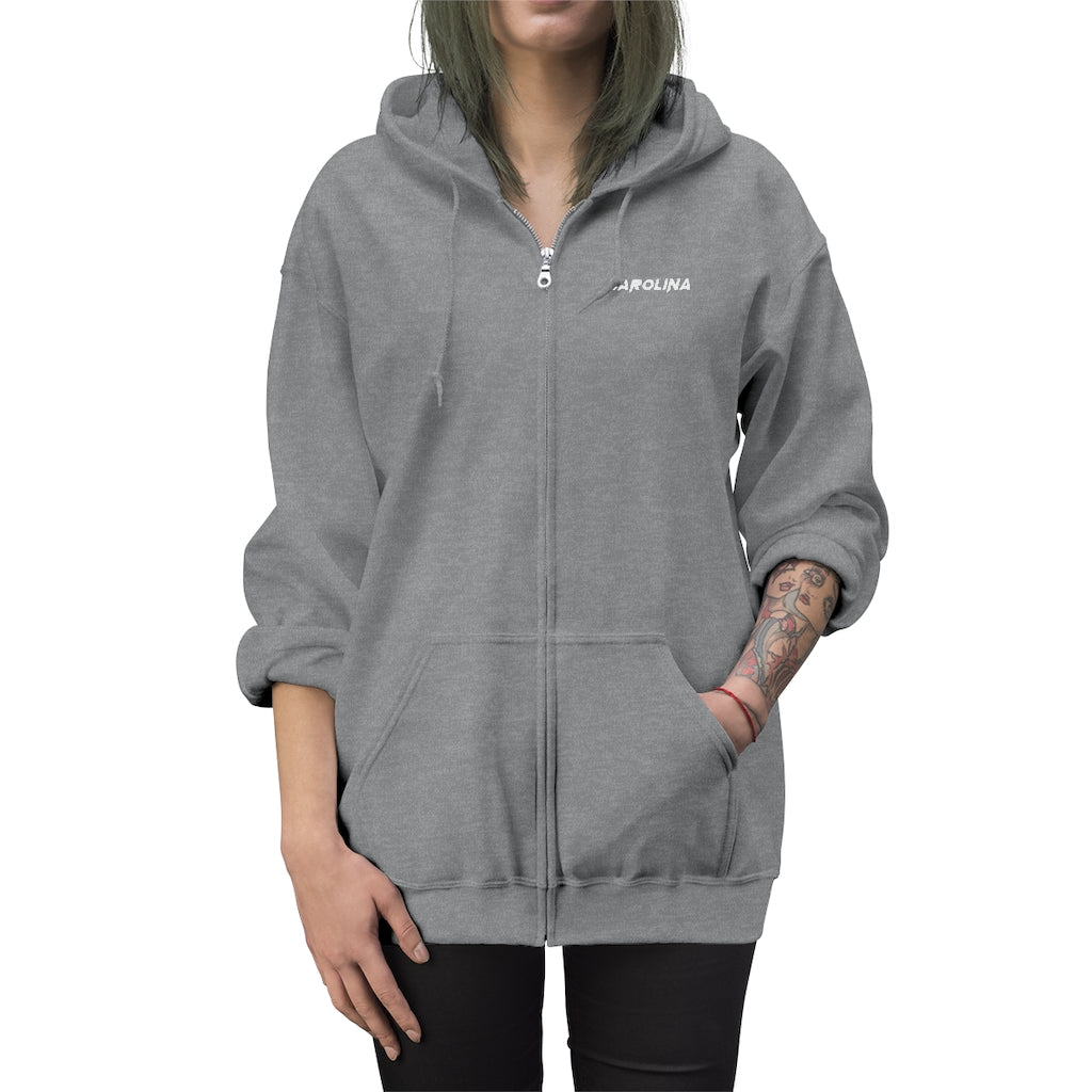 Carolina - White Embroidery Unisex Zip Up Hoodie