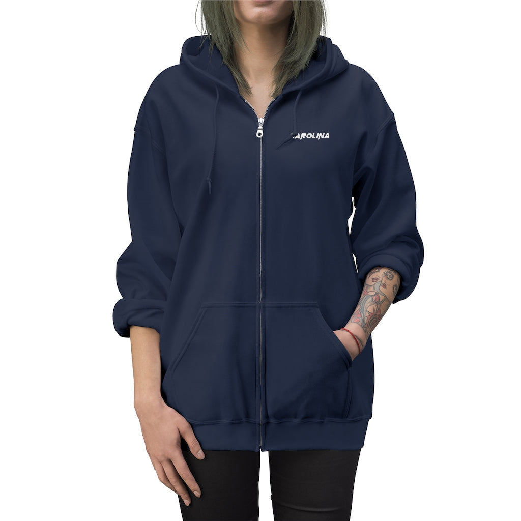 Carolina - White Embroidery Unisex Zip Up Hoodie