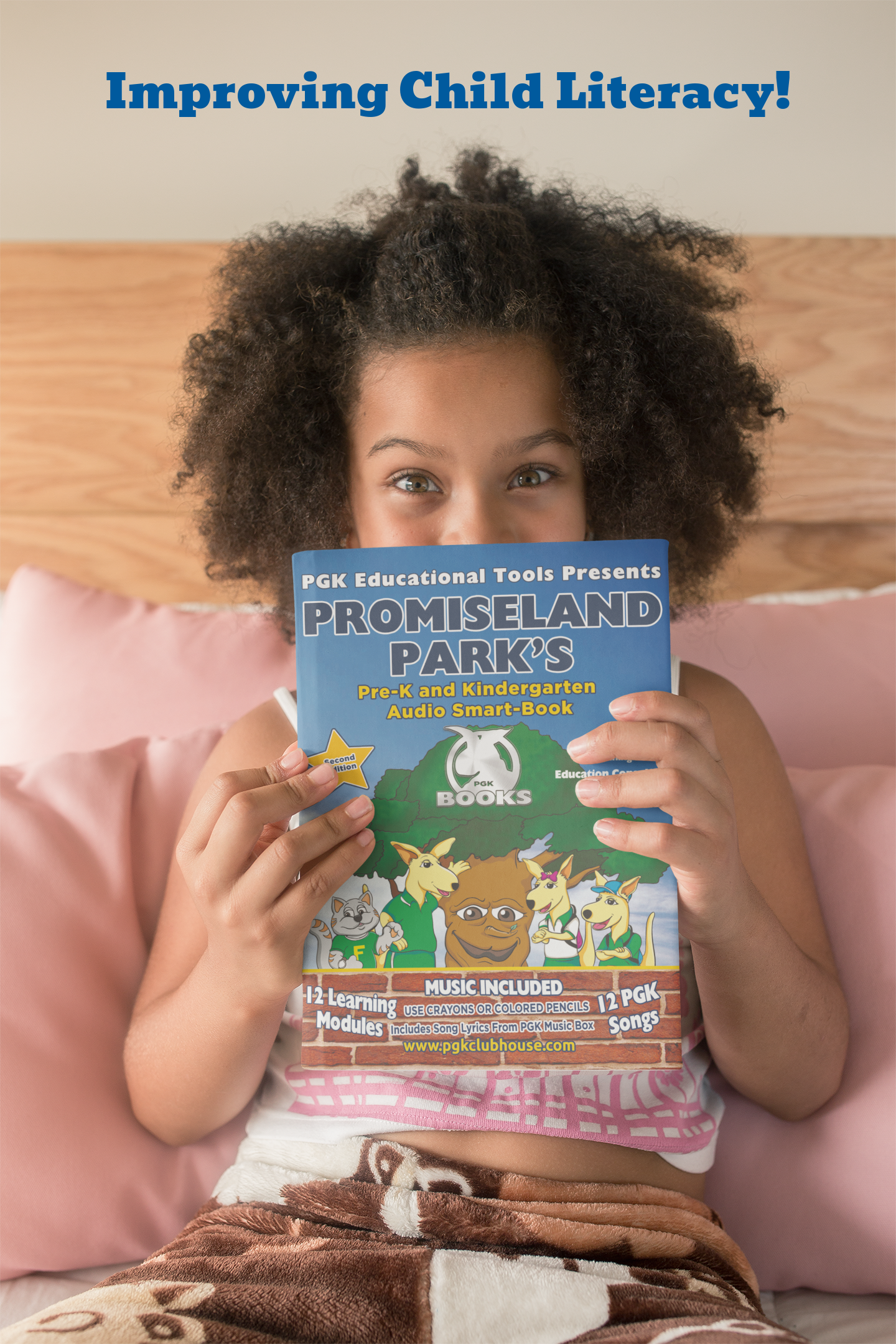 Image of a young girl reacting to Promiseland Park's Pre-K and Kindergarten Audio Smart-Book. 12 learning modules that include exercises, music, and song lyrics. 