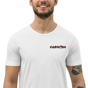 Open image in slideshow, Carolina - Burgundy Embroidered Men&#39;s Curved Hem T-Shirt
